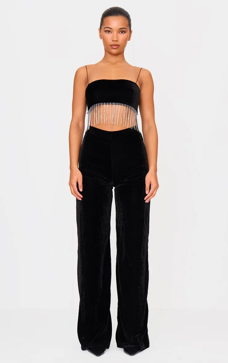 Black Velvet Diamante Tassel Cut Out Strappy Jumpsuit sold by Pretty Little Thing