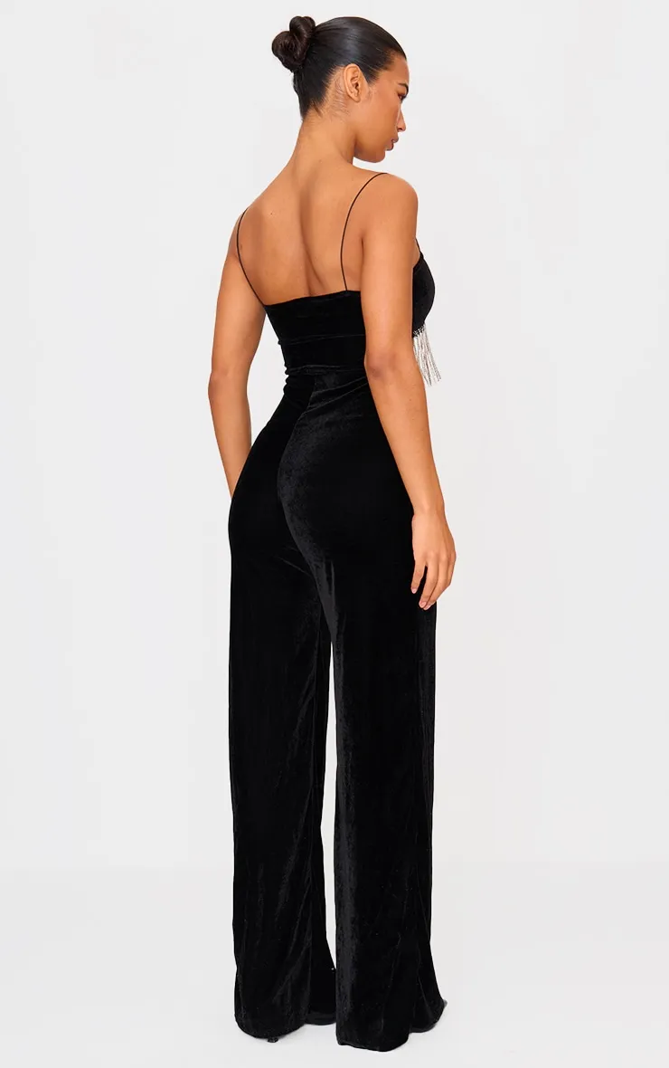 Black Velvet Diamante Tassel Cut Out Strappy Jumpsuit sold by Pretty Little Thing product image thumbnail 2