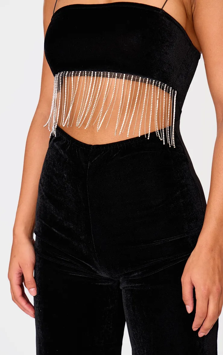 Black Velvet Diamante Tassel Cut Out Strappy Jumpsuit sold by Pretty Little Thing product image thumbnail 4