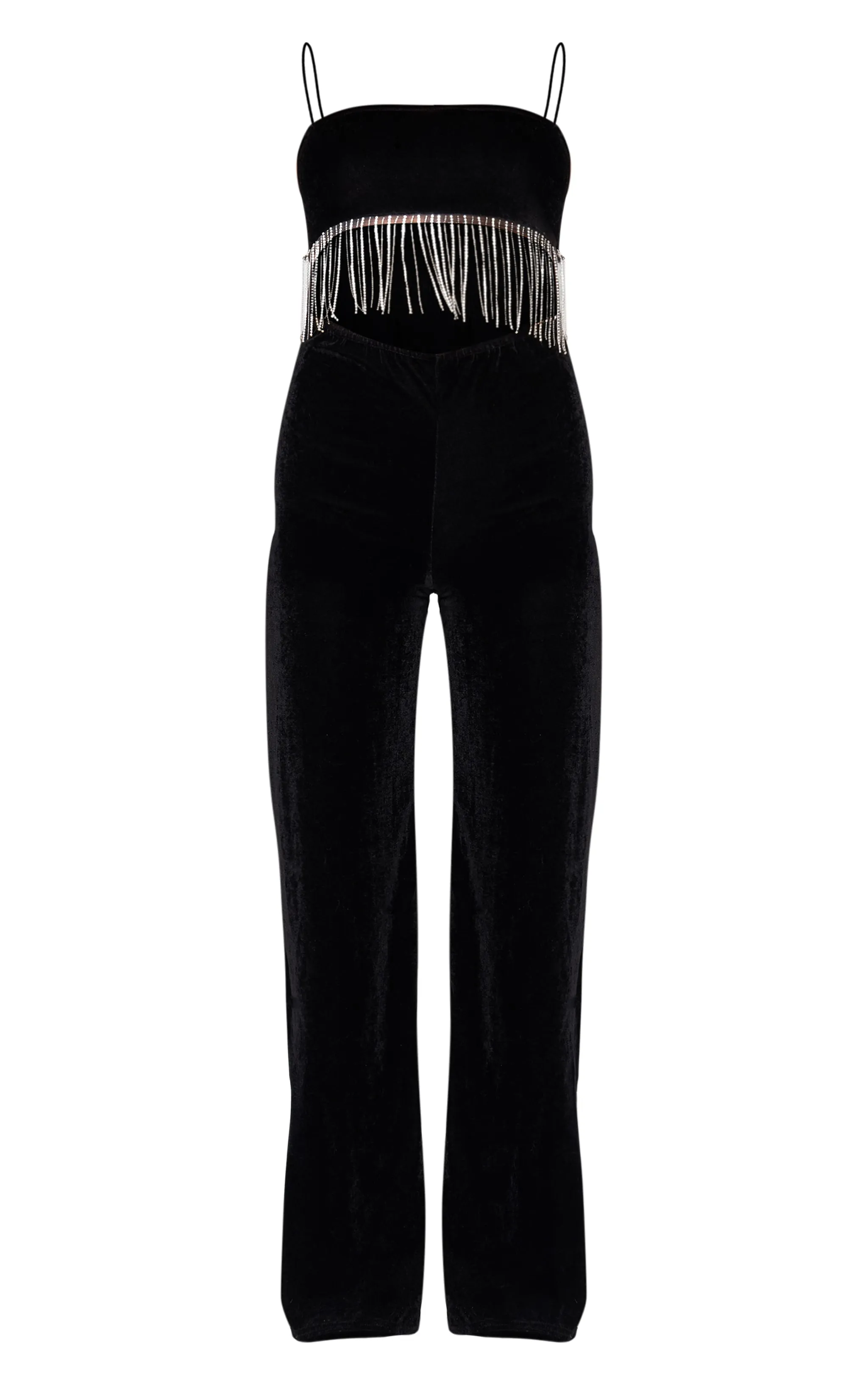 Black Velvet Diamante Tassel Cut Out Strappy Jumpsuit sold by Pretty Little Thing product image thumbnail 5