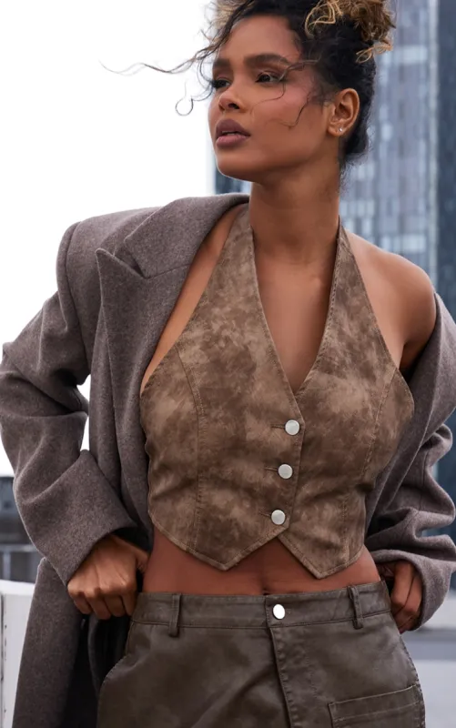 Brown Faux Leather Washed Backless Waistcoat sold by Pretty Little Thing