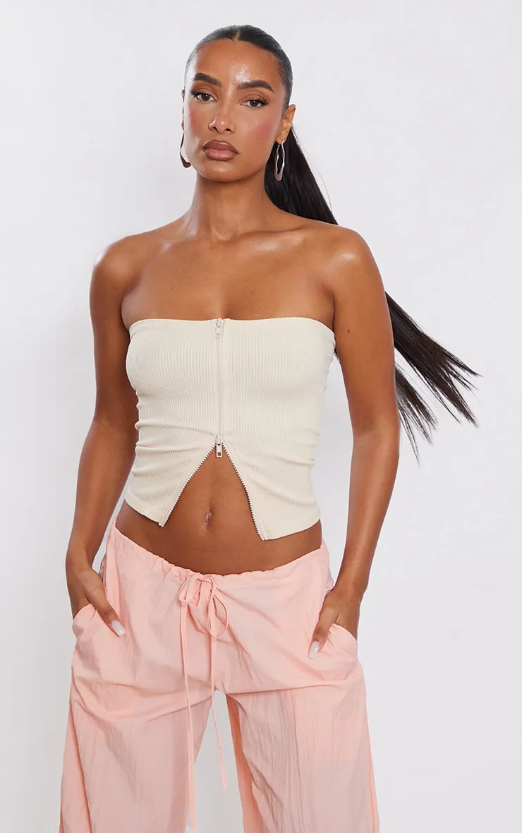 Ecru Contour Rib Zip Up Longline Bandeau sold by Pretty Little Thing