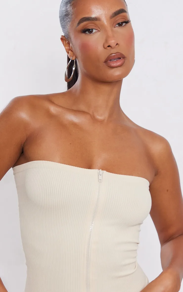 Ecru Contour Rib Zip Up Longline Bandeau sold by Pretty Little Thing product image thumbnail 4