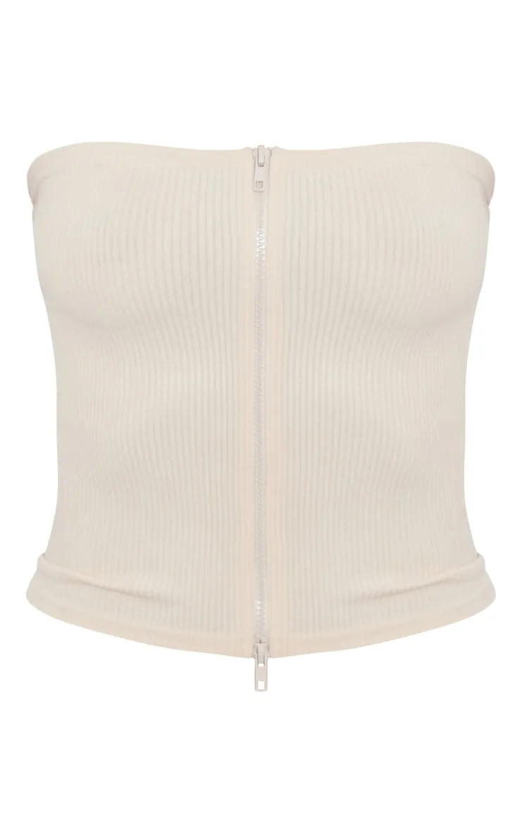 Ecru Contour Rib Zip Up Longline Bandeau sold by Pretty Little Thing product image thumbnail 5