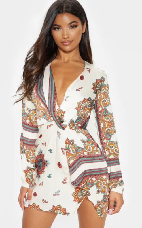 White Printed Silky Long Sleeve Wrap Dress made by Pretty Little Thing