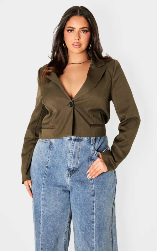 Plus Khaki Patch Pocket Cropped Detail Boxy Blazer sold by Pretty Little Thing