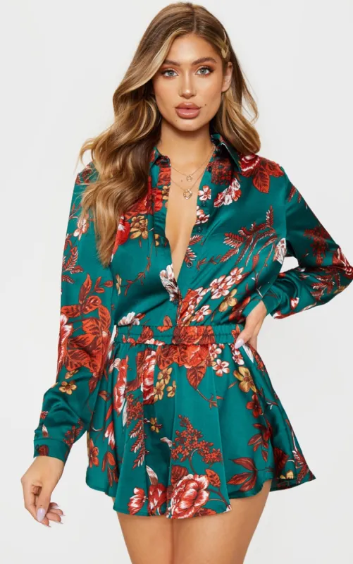 Emerald Green Floral Printed Oversized Shirt sold by Pretty Little Thing