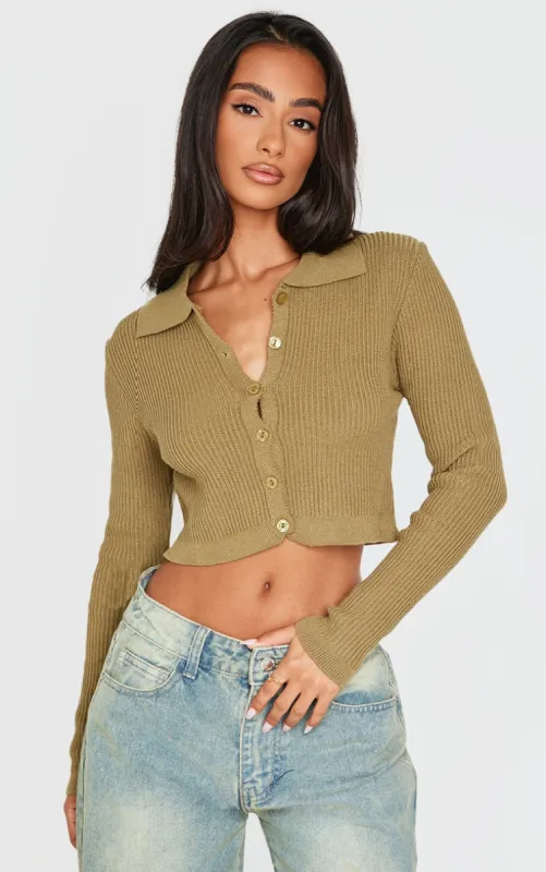 Petite Khaki Knitted Rib Cropped Cardigan made by Pretty Little Thing