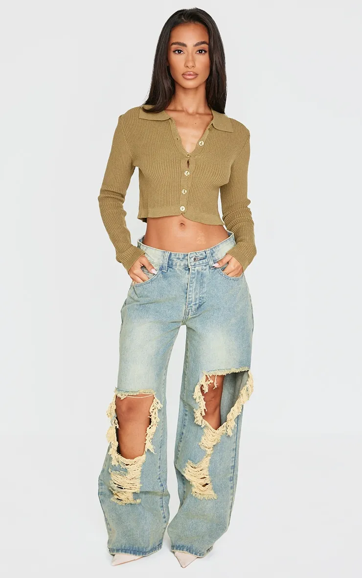 Petite Khaki Knitted Rib Cropped Cardigan sold by Pretty Little Thing product image thumbnail 3