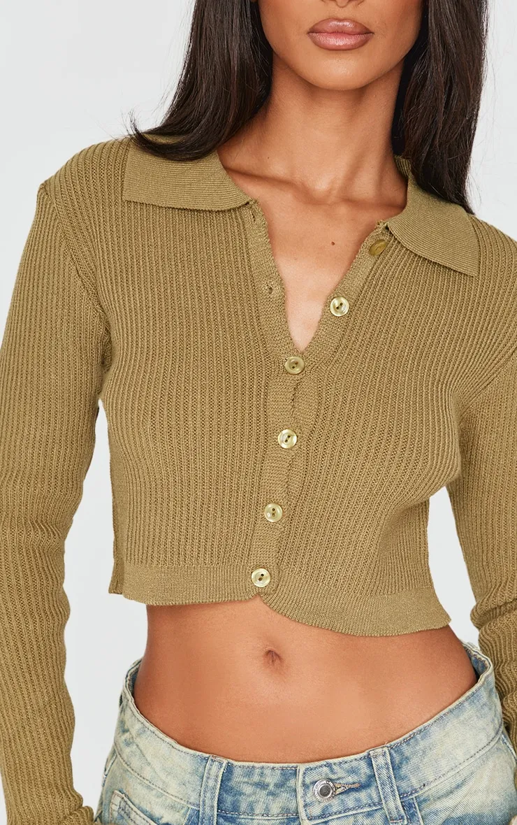 Petite Khaki Knitted Rib Cropped Cardigan sold by Pretty Little Thing product image thumbnail 4