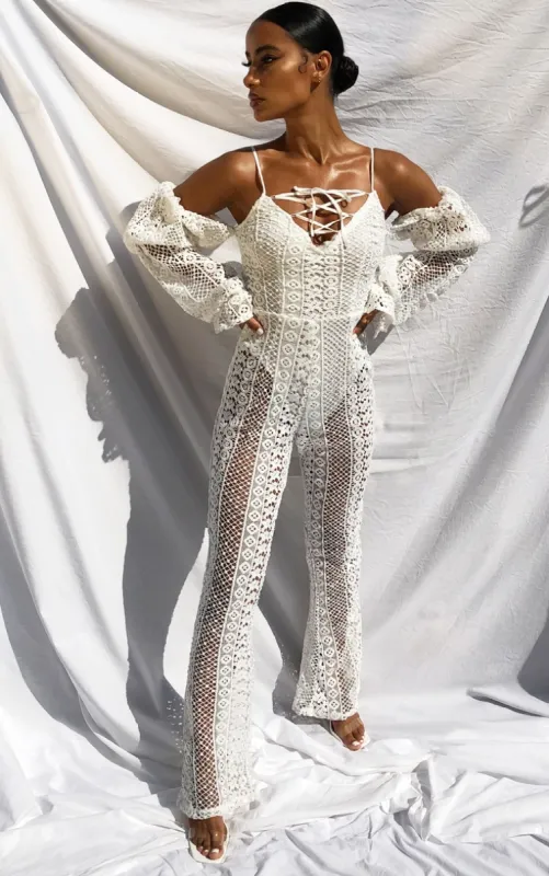 White Crochet Lace Strappy Jumpsuit sold by Pretty Little Thing