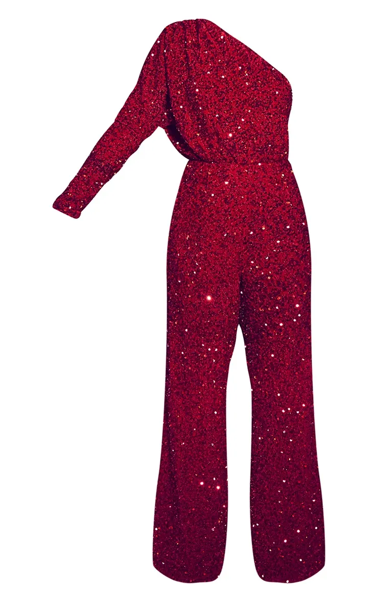 Red Velvet Sequin One Shoulder Wide Leg Jumpsuit sold by Pretty Little Thing product image thumbnail 5