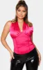 Hot Pink Satin Strap Halterneck Structured Long Top sold by Pretty Little Thing