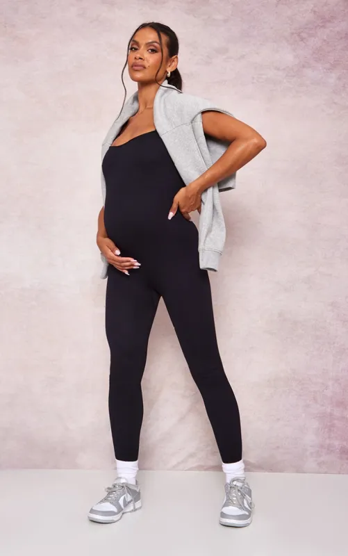 Maternity Black Contour Ribbed Strappy Jumpsuit sold by Pretty Little Thing