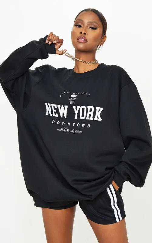 Black New York Downtown Slogan Printed Sweatshirt sold by Pretty Little Thing