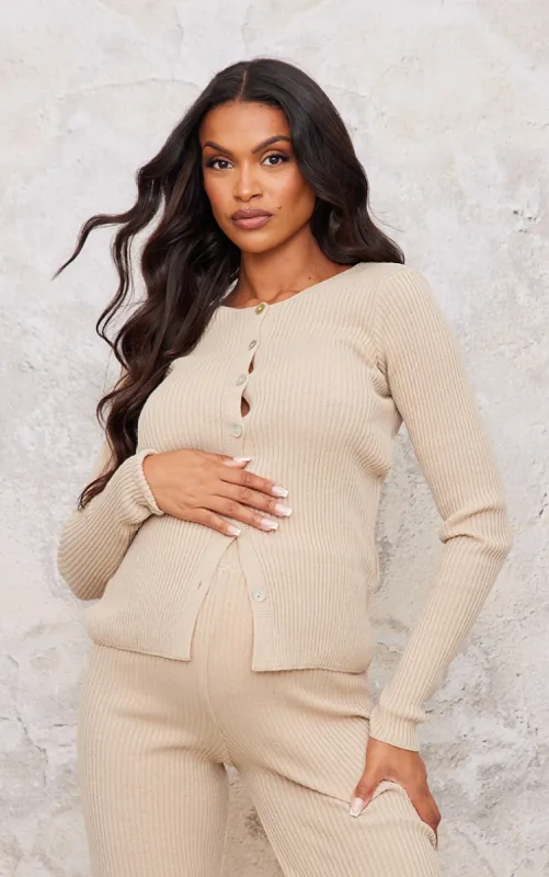 Maternity Oatmeal Button Up Long Sleeve Rib Knit Top sold by Pretty Little Thing