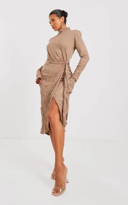 Mocha Crinkle High Neck Wrap Midi Dress made by Pretty Little Thing