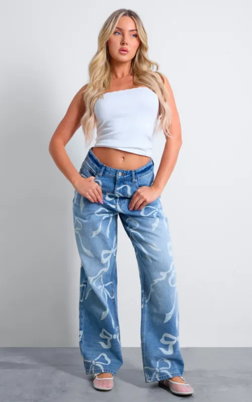 Light Blue Ribbon Detail Laser Print Jeans sold by Pretty Little Thing