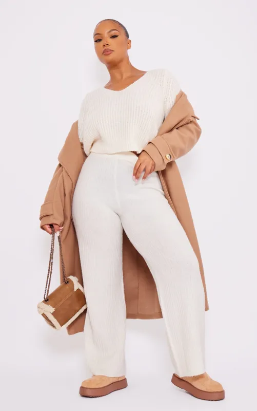 Plus Cream Soft Knit Wide Leg Trousers sold by Pretty Little Thing