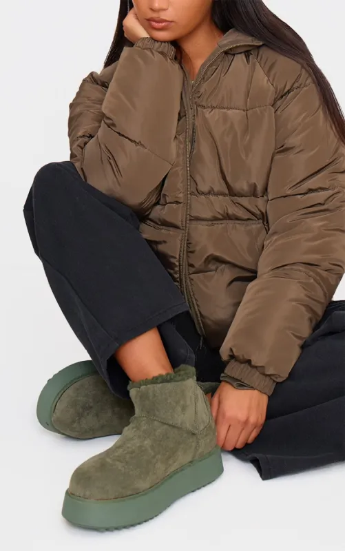 Khaki Faux Suede Round Toe Thick Flat Sole Ankle Boots sold by Pretty Little Thing