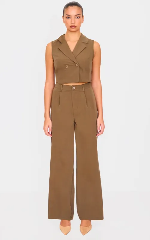Khaki Structured Woven Tailored Sleeveless Waistcoat Detail Jumpsuit sold by Pretty Little Thing