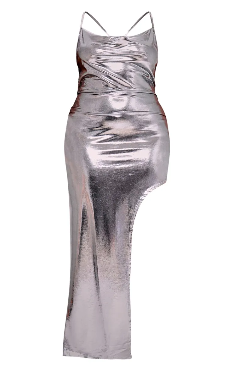 Plus Metallic Cowl Neck Side Split Maxi Dress sold by Pretty Little Thing product image thumbnail 5