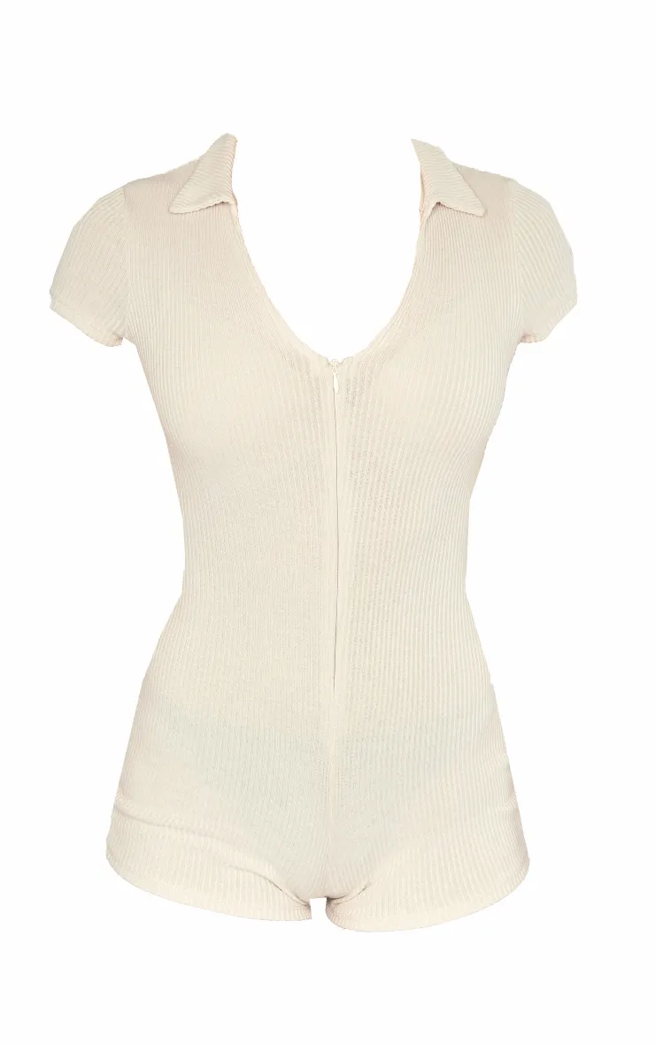Cream Ribbed Jersey Zip Up Collar Playsuit sold by Pretty Little Thing product image thumbnail 5