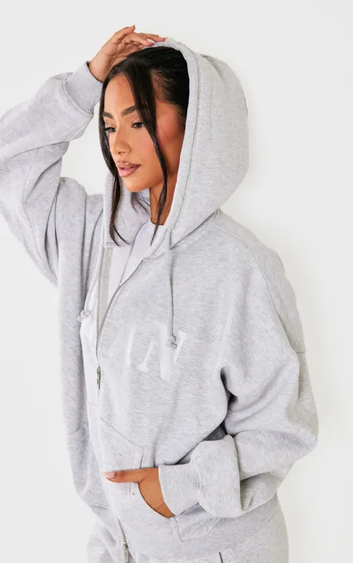 Petite Ash Grey Slogan Detail Zip Up Hoodie sold by Pretty Little Thing