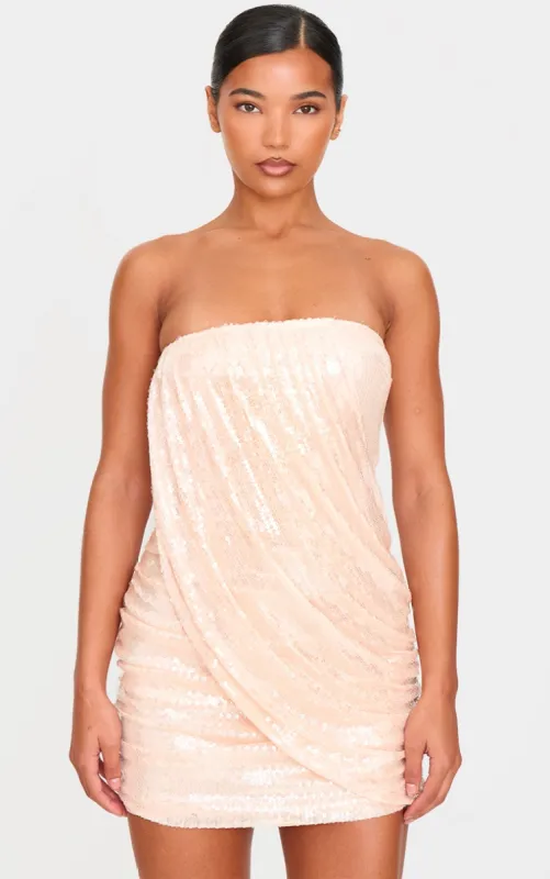 Light Nude Sequin Draped Bandeau Bodycon Dress sold by Pretty Little Thing