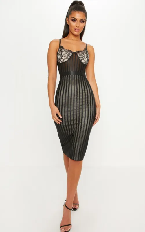 Black Lace Detail Striped Mesh Midi Dress sold by Pretty Little Thing