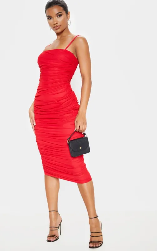 Red Strappy Mesh Ruched Midaxi Dress sold by Pretty Little Thing