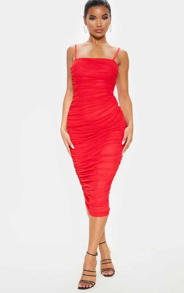 Red Strappy Mesh Ruched Midaxi Dress sold by Pretty Little Thing product image thumbnail 5