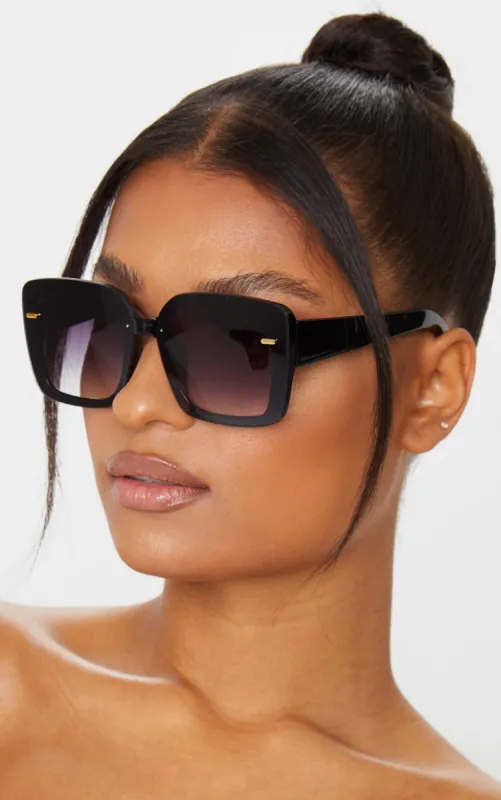 Black Oversized Gold Trim Square Frame Sunglasses sold by Pretty Little Thing