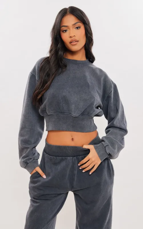 Tall Washed Charcoal Cropped Oversized Sweatshirt sold by Pretty Little Thing