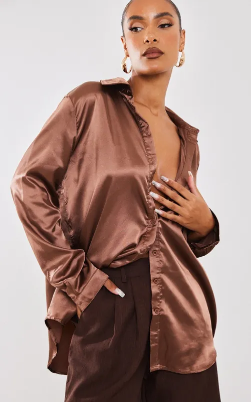 Chocolate Satin Button Front Shirt sold by Pretty Little Thing