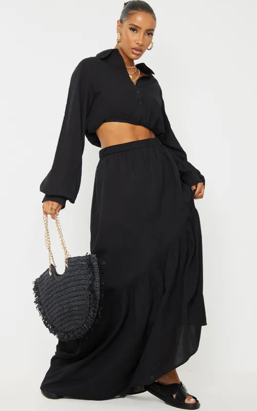 Black Linen Feel Maxi Skirt sold by Pretty Little Thing