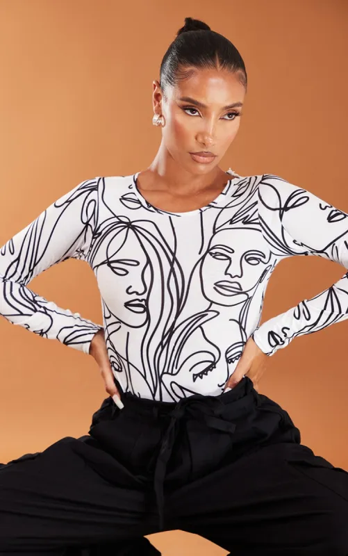 White Abstract Face Print Basic Crew Neck Long Sleeve Bodysuit sold by Pretty Little Thing