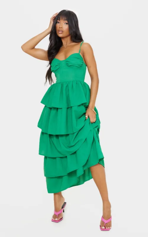 Bright Green Cup Detail Strappy Tiered Maxi Dress sold by Pretty Little Thing