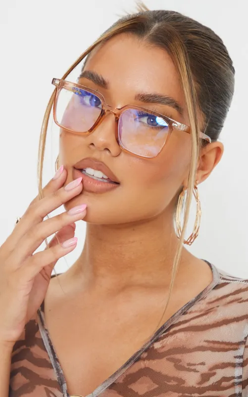 PRETTYLITTLETHING Peach Square Frame Blue Light Readers made by Pretty Little Thing