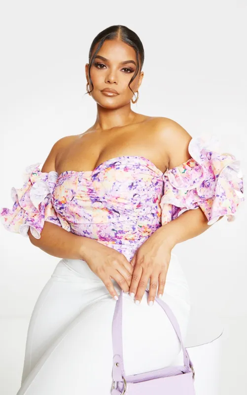 Plus Lilac Floral Print Puff Sleeve Bardot Crop Top sold by Pretty Little Thing