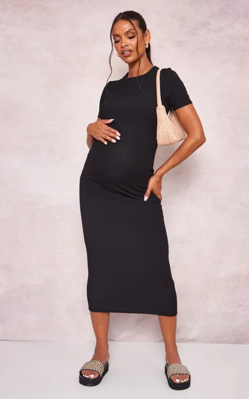 Maternity Black Ribbed Crew Neck Midi Dress sold by Pretty Little Thing