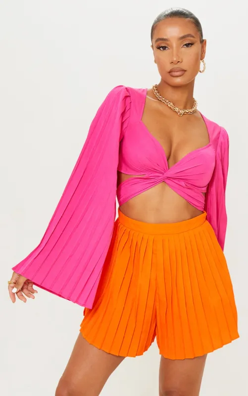Hot Pink Contrast Twist Front Pleated Playsuit sold by Pretty Little Thing