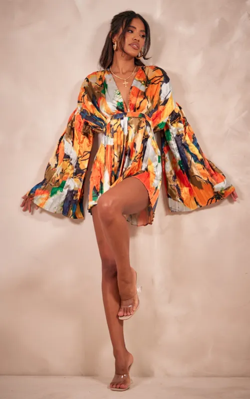 Orange Abstract Plunge Pleated Playsuit sold by Pretty Little Thing