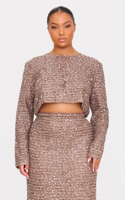 Plus Mocha Sequin Long Sleeve Button Up Crop Top sold by Pretty Little Thing