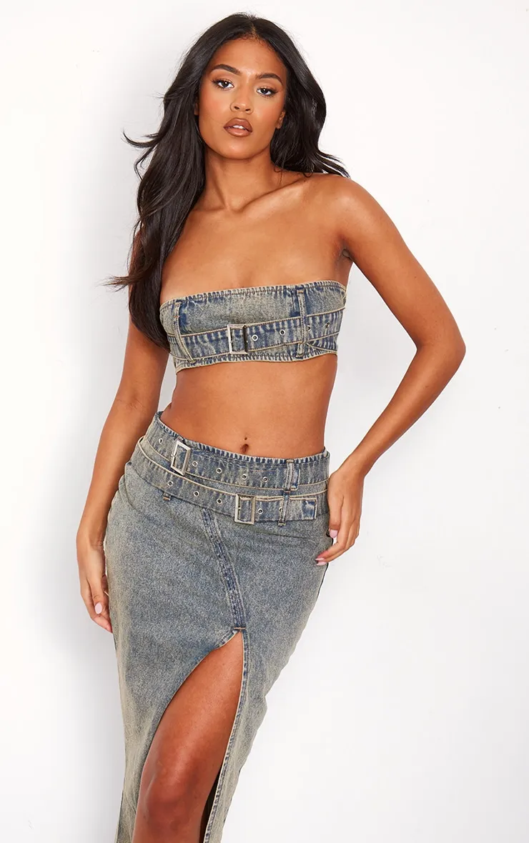 Tall Vintage Wash Denim Buckle Detail Bandeau Top sold by Pretty Little Thing
