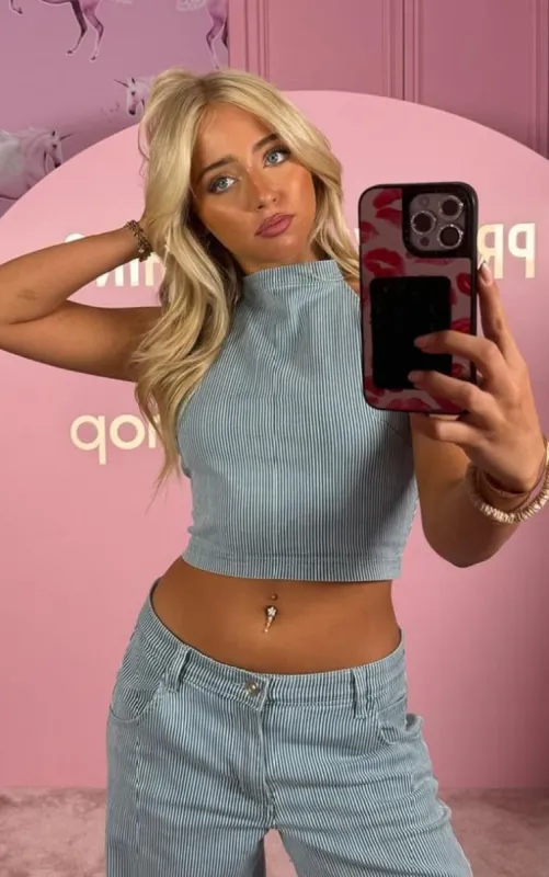 Light Blue Pinstripe Halterneck Denim Top made by Pretty Little Thing