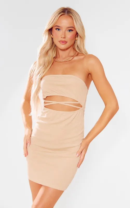  Stone Bandeau Cut Out Front Crinkle Rib Bodycon Dress sold by Pretty Little Thing
