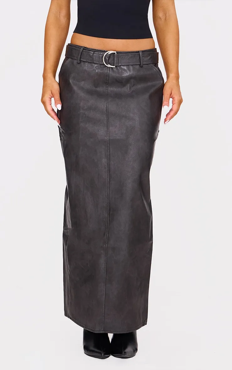 Washed Black Faux Leather Belted Maxi Skirt sold by Pretty Little Thing product image thumbnail 3