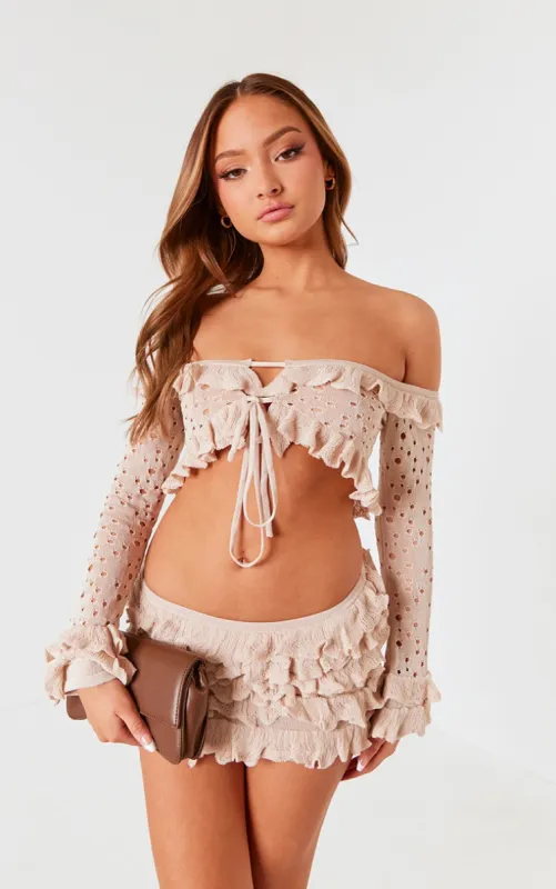 Petite Stone Bardot Crop Top With Ruffle Details sold by Pretty Little Thing