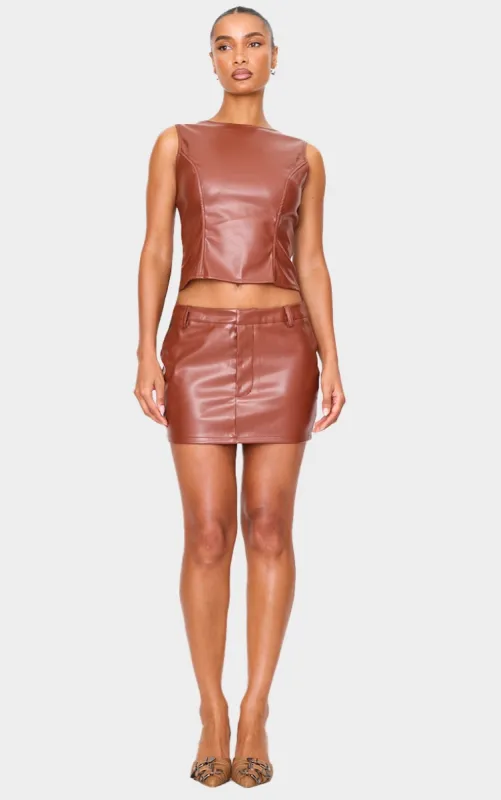 Chocolate Faux Leather Low Rise Mini Skirt sold by Pretty Little Thing